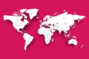 Political map of World. White map with country borders and labels with dropped shadow on pink background. Vector illustration.