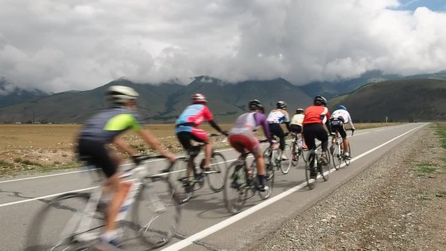 Training cyclists. Kurai steppe. altai republic. Cloudy weather.