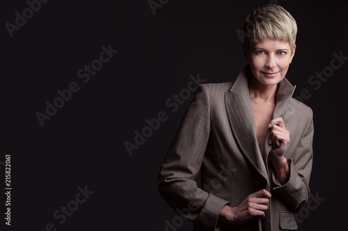 Beautiful Smiling 40 Year Old Woman She Has A Short Hairstyle And
