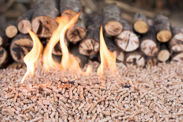 Wooden pellets in flames