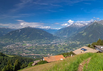 Fototapeta na wymiar Blick ins Vinschgau vom Taser Höhenweg über Schenna bei Meran, Südtirol 