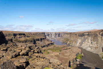 Hafragilsfoss waterfall is part of the never-ending glacier river flowing from the Vatnajokull glacier