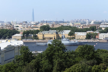 View of the Alexander garden, the Neva river, Vasilievsky island, Krestovsky island and a warship...