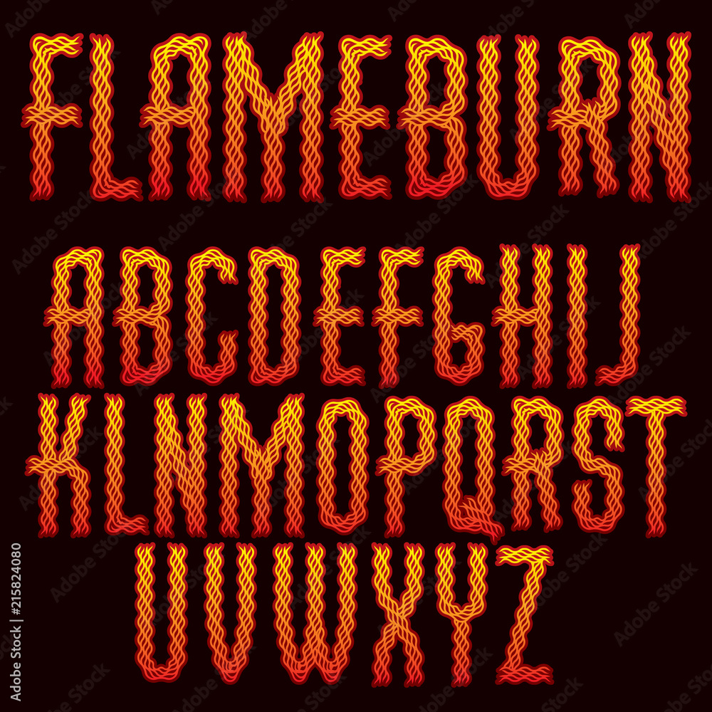 Poster vector script, modern alphabet letters set made with red infernal blaze