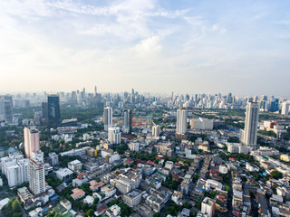 Aerial view of sunset over large metropol city in Asia.