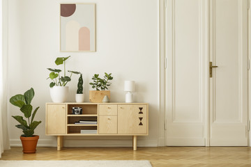 Retro style, wooden sideboard with green plants and a poster on a white wall in a simple apartment...