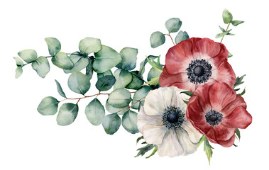 Fototapeta Watercolor asymmetric bouquet with anemone and eucalyptus. Hand painted red and white flowers, eucalyptus leaves and branch isolated on white background. Illustration for design, print or background. obraz