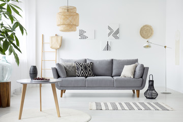 Real photo of a simple living room interior with cushions on gray sofa, paintings on white wall and cherries on a coffee table