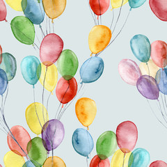Fototapeta na wymiar Watercolor bright air ballons pattern. Hand painted illustration with colorful air balloons isolated on blue background. For design, print, fabric or background.