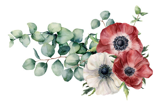 Watercolor asymmetric bouquet with anemone and eucalyptus. Hand painted red and white flowers, eucalyptus leaves and branch isolated on white background. Illustration for design, print or background.