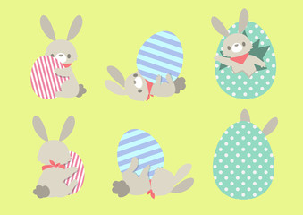 Set of cute Easter rabbits in different poses with eggs.