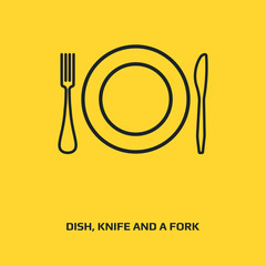 Dish, Knife And A Fork logo graphic design concept. Editable element, can be used as logotype, icon, template in web and print. Thin line icon