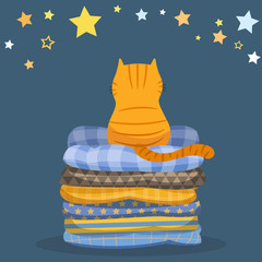 Vector illustration character design backside of cat sitting comfortably on top of a pile of colorful cushions pillows with starry night background. Pets concept draw doodle cartoon style.