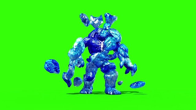 Ice Monster Attacks Green Screen 3D Rendering Animation