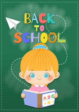 Happy smiling girl with book and flying paper plane on blackboard background.  Back to School concept,Vector illustration.