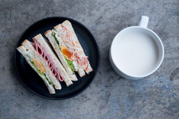 Sandwich with brown bread served with fresh milk