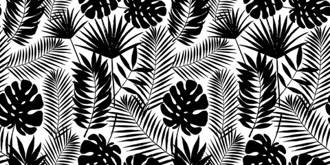Summer tropical palm tree leaves seamless pattern. Vector grunge design for cards, web, backgrounds and natural product. Black and white monstera