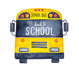 Cute colorful school bus watercolour illustration with phrase "Back to School" on black window. Hand drawn water color painting on white, isolated clip art element for design, flyers and decoration. © Julija