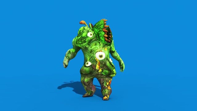 Monster man Carnivorous Plant Looks Around Front Blue Screen 3D Rendering Animation