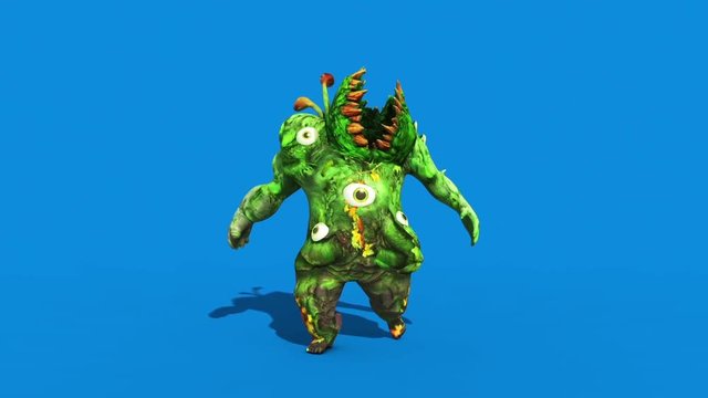Monster man Carnivorous Plant Runcycle Front Blue Screen 3D Rendering Animation