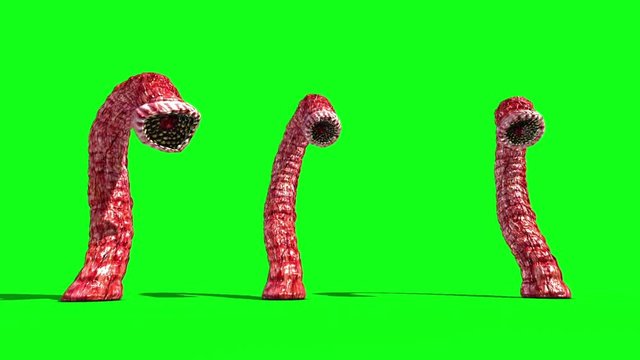 3 Monstrous Alien Worms Attack Front Green Screen 3D Rendering Animation