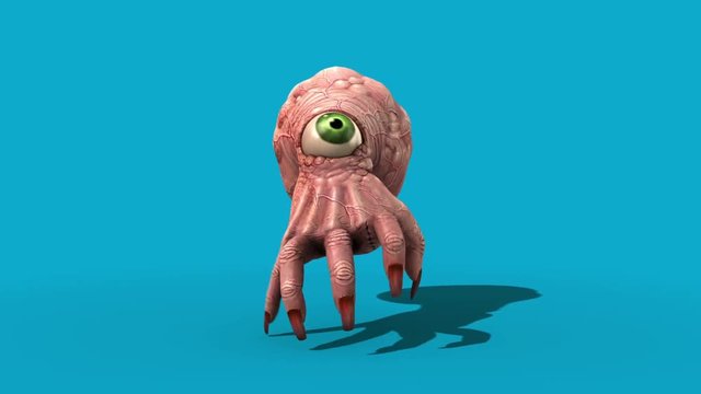 Monstrous Hand Brain Eye Walk Loop Front Blue Screen 3D Rendering Animation