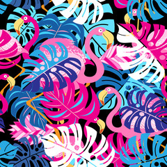 Obraz premium Beautiful bright tropical pattern of pink flamingos