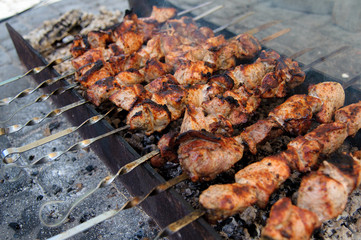Shashlik, cooked over an open fire on the coals