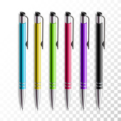 Design set of realistic colored pen on transparent background. School or office items, colorful pen vector illustration.