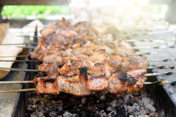 Shashlik, cooked over an open fire on the coals