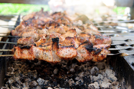 Shashlik, cooked over an open fire on the coals