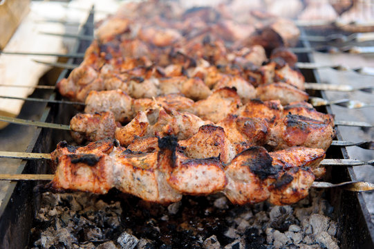 Shashlik, cooked over an open fire on the coals