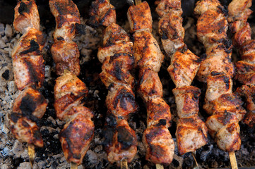 Shashlik, cooked over an open fire on the coals