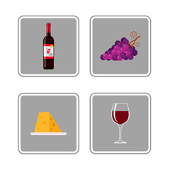 Bottle of red wine, wine glass, grapes and cheese, icons