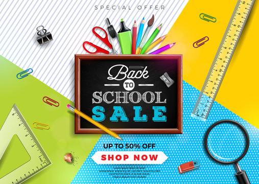 Back to school sale design with colorful pencil, brush and other school items on yellow background. Vector Illustration with Special Offer Typography Elements for Coupon, Voucher, Banner, Flyer