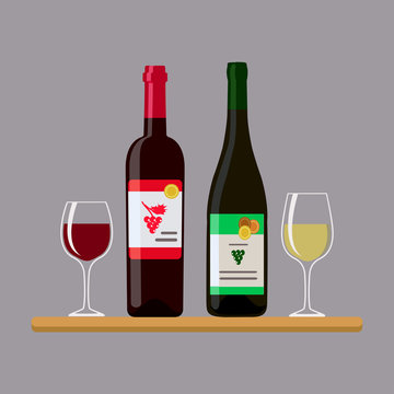 Two bottles wine and two glass, isolated on gray background