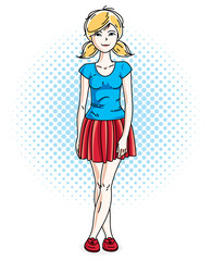 Happy pretty young blonde woman standing on modern background with bubbles and wearing casual clothes. Vector character.
