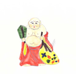 Drawing with watercolors: figure of hotei (Chinese mythology).