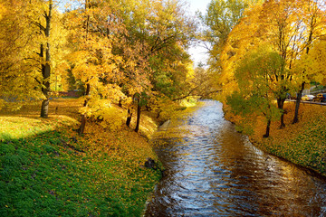 Colorful city park scene in the fall with orange and yellow foliage. Autumn scenery in Vilnius,...