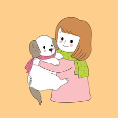 Cartoon cute woman hug dog vector.