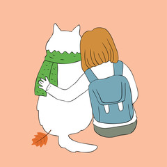 Cartoon cute woman hug dog vector.