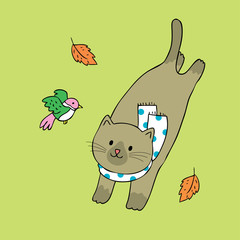 Cartoon cute Autumn cat and bird vector.