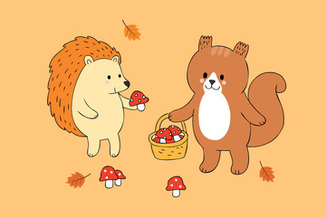 Fototapeta premium Cartoon cute Autumn squirrel and hedgehog and mushrooms vector.