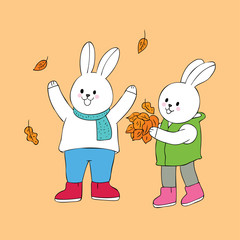 Cartoon cute rabbits playing leaves vector.