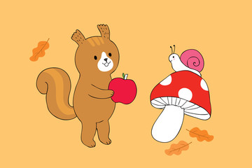 Cartoon cute squirrel and snail and apple vector.
