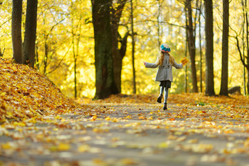 Fototapeta premium Cute little girl having fun on beautiful autumn day. Happy child playing in autumn park. Kid gathering yellow fall foliage.