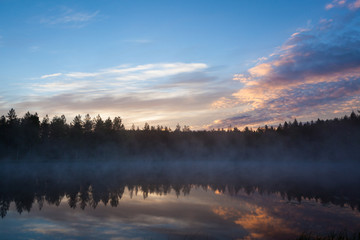 Foggy morning at forest pond landscape Finland