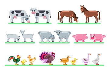 Farm animals set. Vector flat illustration of barnyard. Cute colorful characters isolated on white background