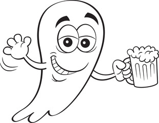 Black and white illustration of a smiling ghost holding a beer.