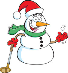 Cartoon illustration of a snowman holding a golf club.